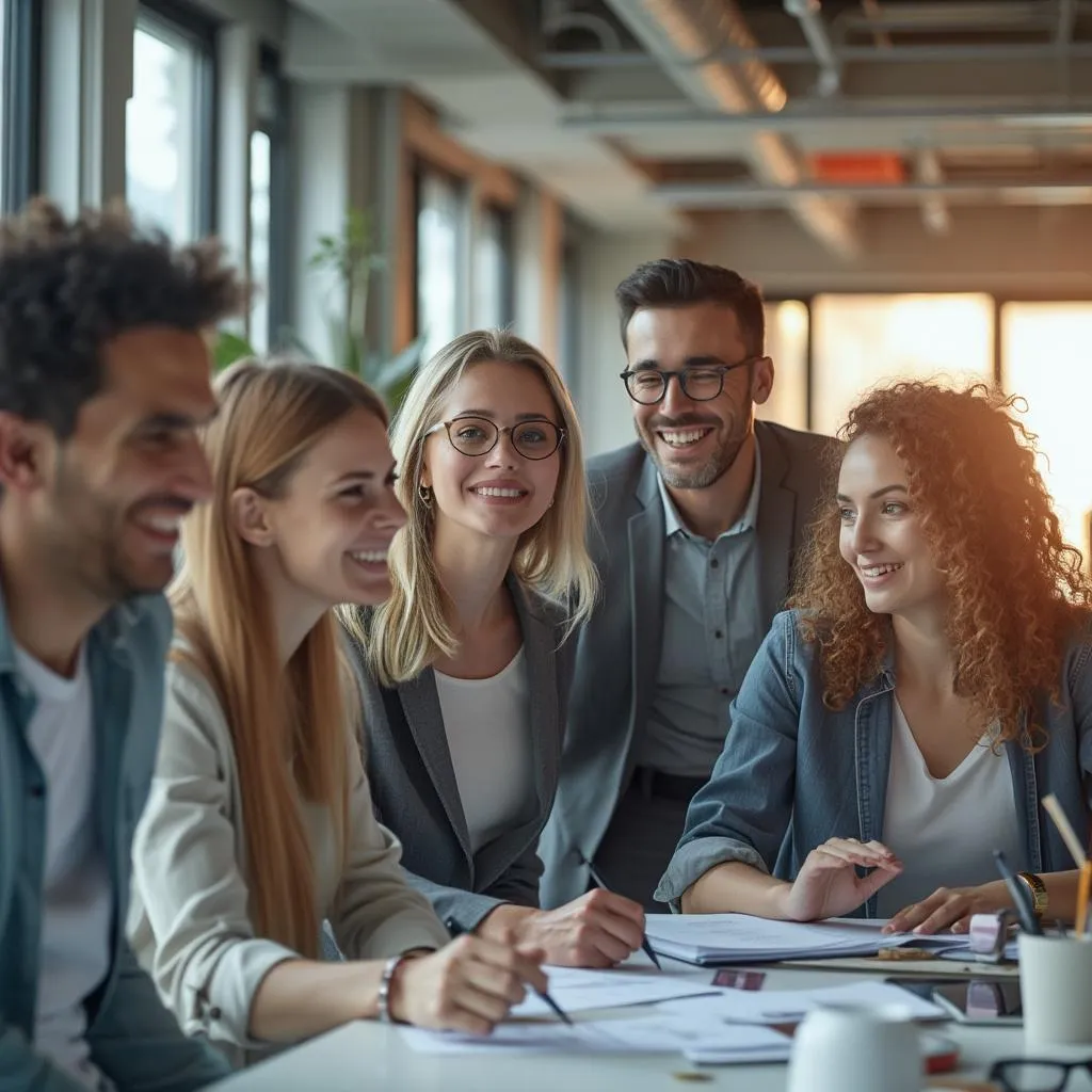 Equipo colaborativo trabajando en un entorno moderno